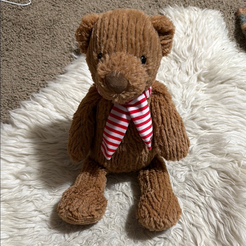MANHATTAN‎ TOY COMPANY Holiday Bear 14" Plush Striped Red Scarf Ribbed Design
